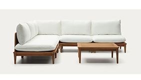 Sofá modular de 4 sillones y mesa de centro de madera maciza teca Portitxol