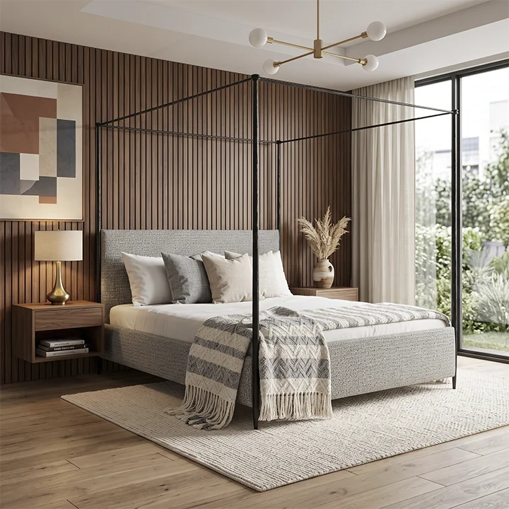 Cama con dosel de metal y estructura tapizada Ayerbe para colchón de 180x200