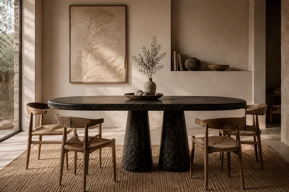 Mesa de comedor ovalada Dolmen en un comedor de tonos naturales