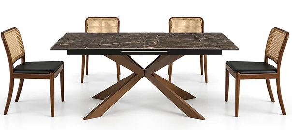 Mesa de comedor extensible acero efecto nogal y porcelánico Chelva