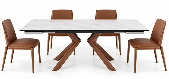 Mesa de comedor extensible porcelánico y acero color nogal Mures