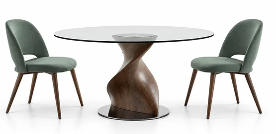 Mesa de comedor redonda Vanya de diseño en acero  madera y cristal
