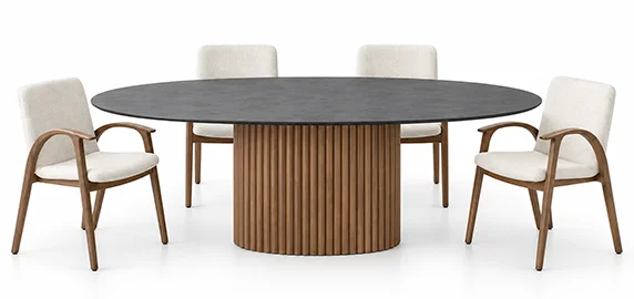 Mesa de comedor ovalada Aure con porcelánico y base de listones