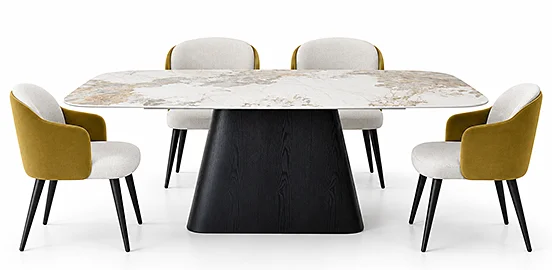 Mesa de comedor Corcovado en piedra sinterizada y fresno negro