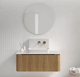 Mueble de baño curvo madera natural con palillería 1 cajón Mueble de baño curvo madera natural con palillería 1 cajón
