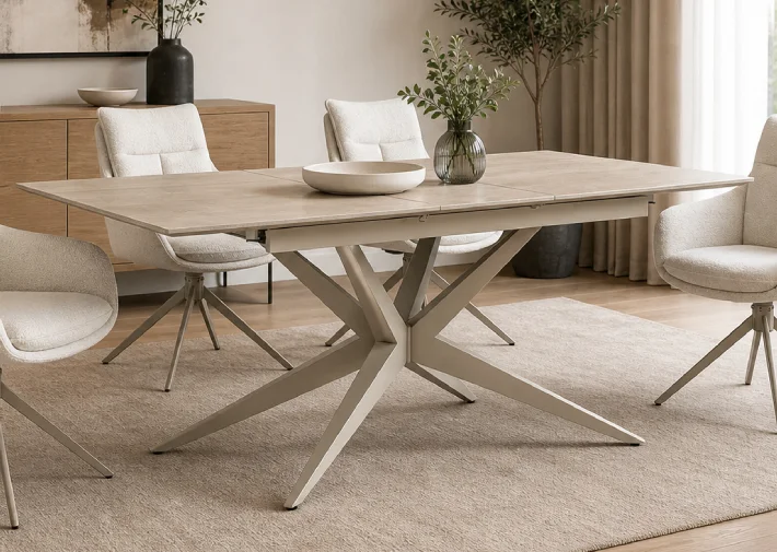 Mesa de comedor extensible crema y porcelánico Keira Mesa de comedor extensible crema y porcelánico Keira