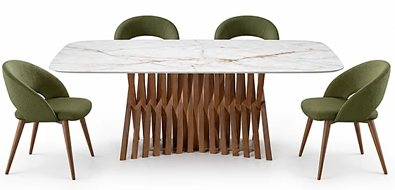 Mesa de comedor Aldy de madera y porcelánico en diseño barril