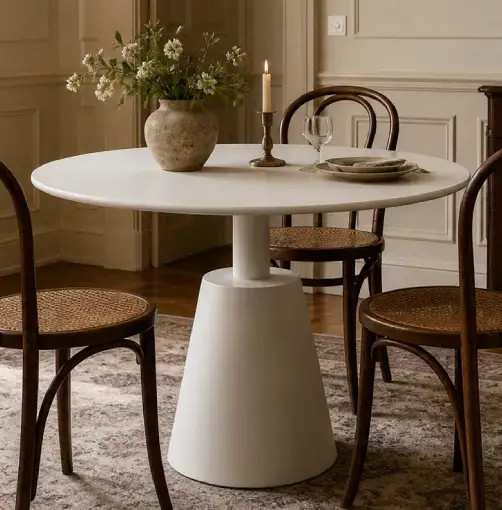 Mesa de comedor redonda pata cónica beige crudo