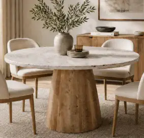 Mesa de comedor Lautrec de madera de mango y tapa de terrazo blanco