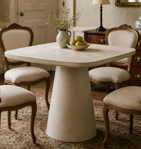 Mesa de comedor cuadrada con sobre de cerámica y pata arena