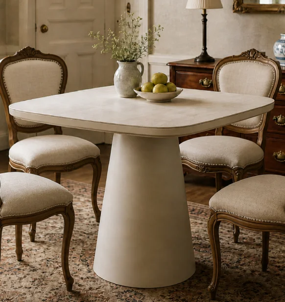 Mesa de comedor cuadrada con sobre de cerámica y pata arena