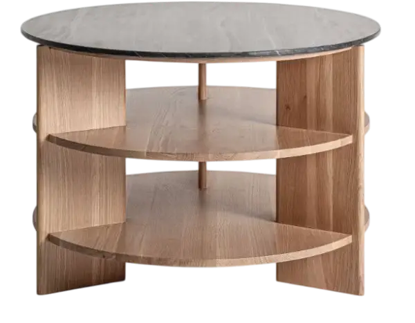 Mesa auxiliar redonda Nara roble natural y travertino negro