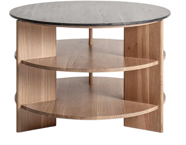 Mesa auxiliar redonda Nara roble natural y travertino negro Mesa auxiliar redonda Nara roble natural y travertino negro