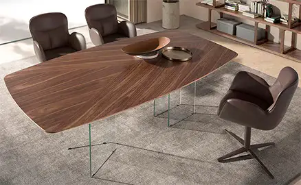 Mesa de comedor barril nogal y cristal Aura