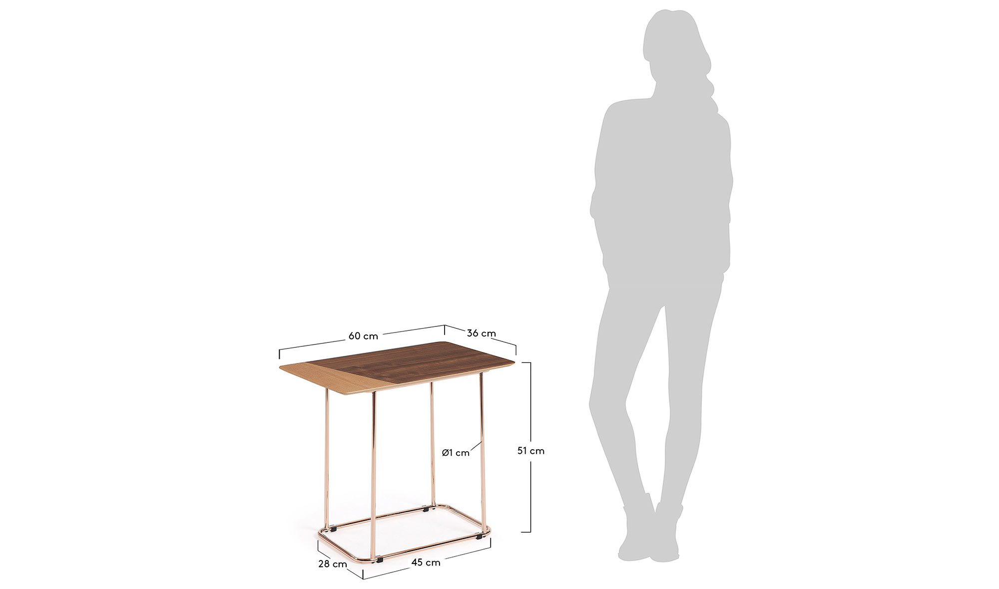 Mesa auxiliar metal acabado cobre chapado mader