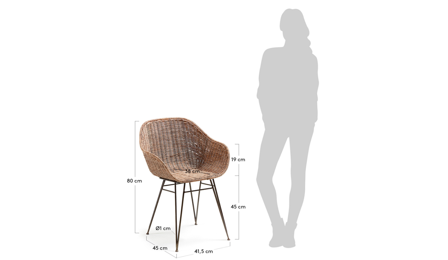 Silla Charley brazos en metal y ratán natural