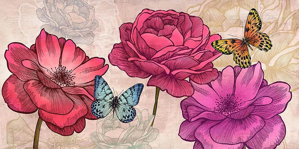 Cuadro canvas flores roses and butterflies