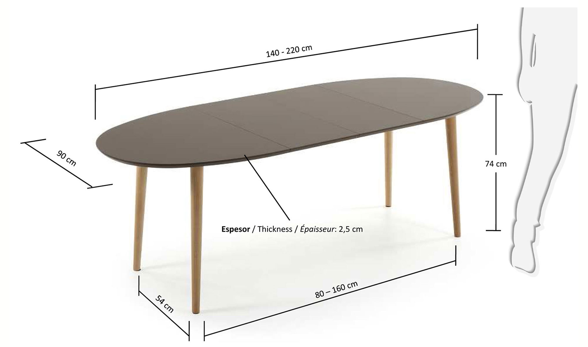 Mesa de comedor ovalada extensible marrón Oqui