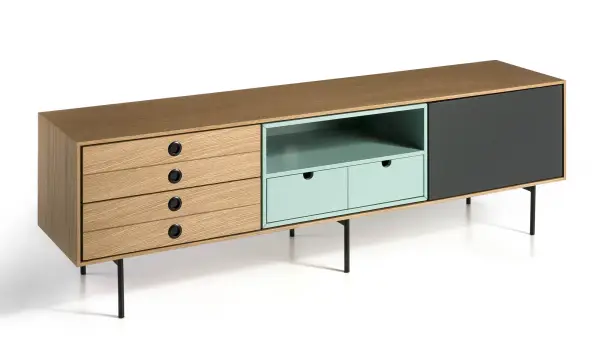 Mueble de televisión cajones en roble hueco en verd y puerta gris