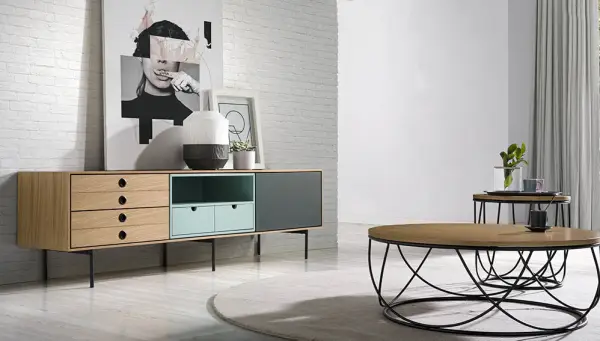 Mueble de televisión cajones en roble hueco en verd y puerta gris