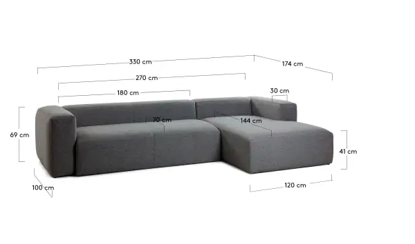 Sofá 3 plazas con chaise logue derecho Blok Gris oscuro