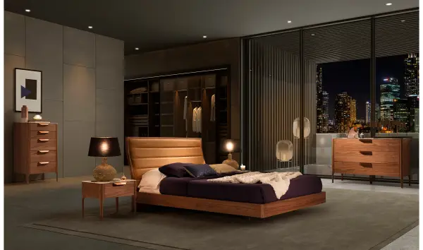 Cama moderna nogal y piel Vitale para colchón 150x200