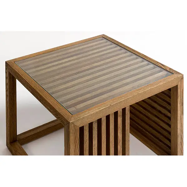 Mesa auxiliar moderna roble y cristal transparente Venecia