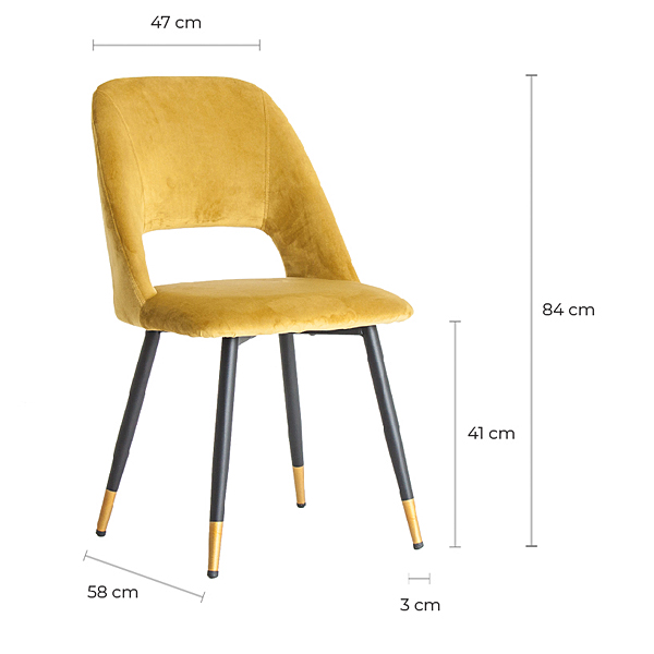 Silla tapizada en terciopelo mostaza patas negras y metal dorado