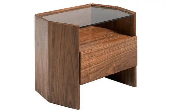 Mesa de noche hexágonal nogal y cristal