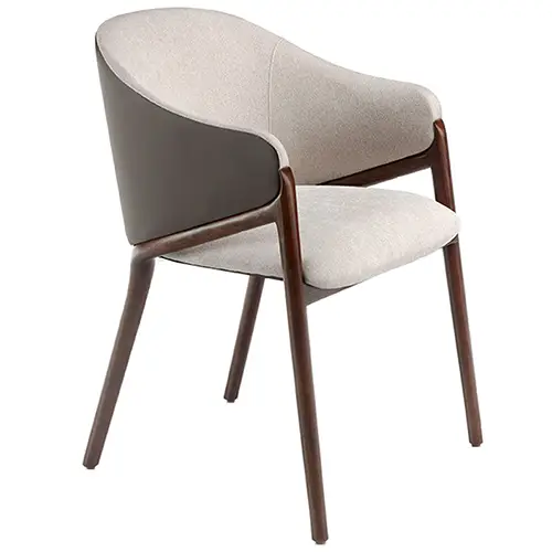 Silla orgánica tapizada en tela y piel sintética y madera color nogal