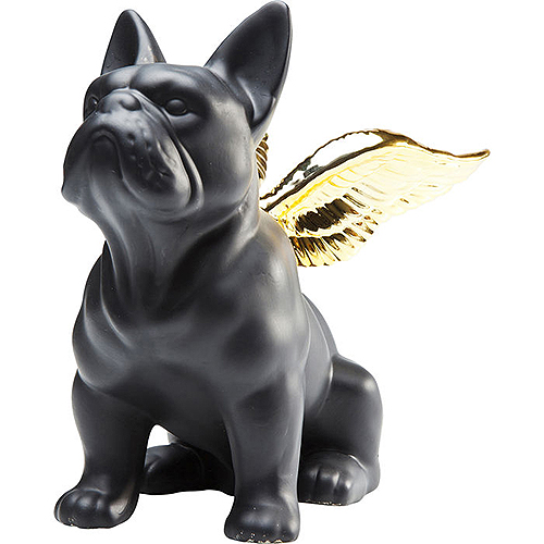 Figura decorativa perro ángel cerámica oro y negro