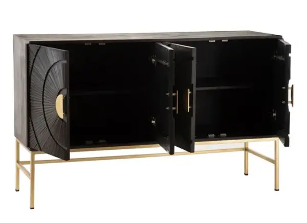 aparador de madera oscura y dorado con estampado circular