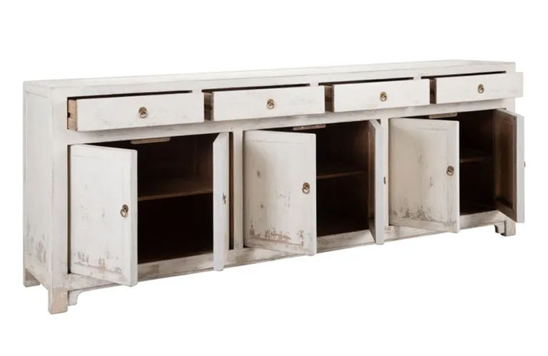 aparador de madera de olmo en blanco rozado
