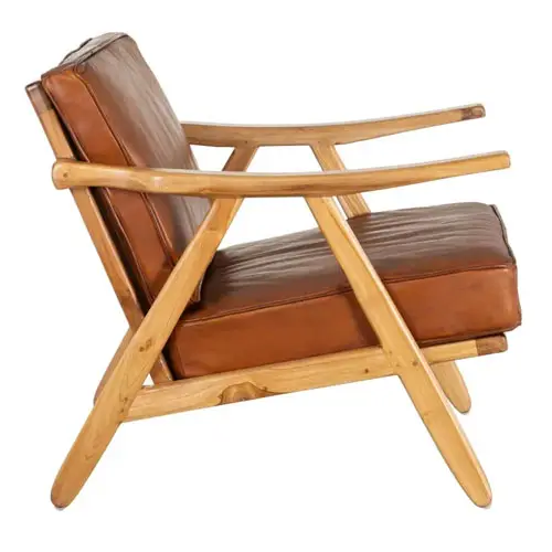 Butaca madera fija teka y piel acabado cognac lig. defectos