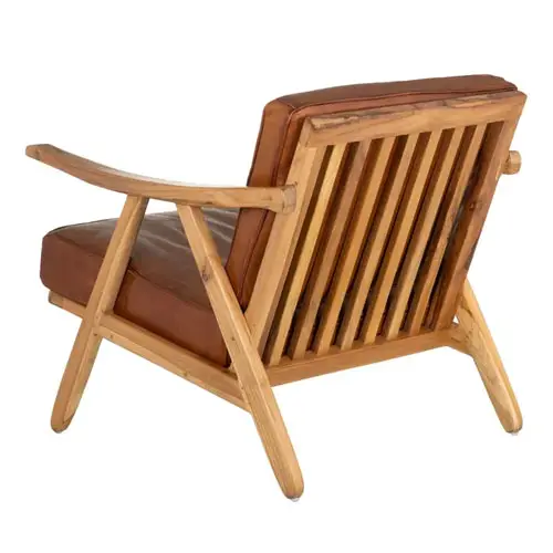 Butaca madera fija teka y piel acabado cognac lig. defectos