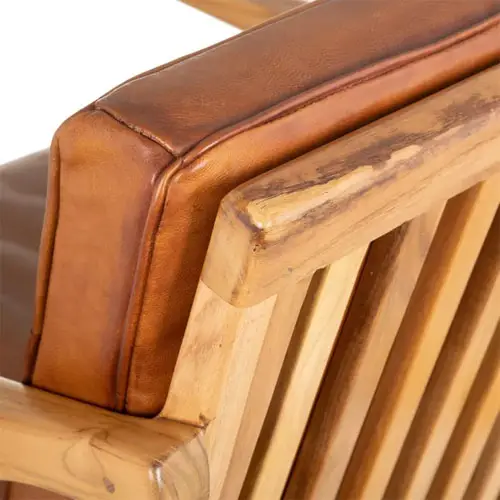 Butaca madera fija teka y piel acabado cognac lig. defectos