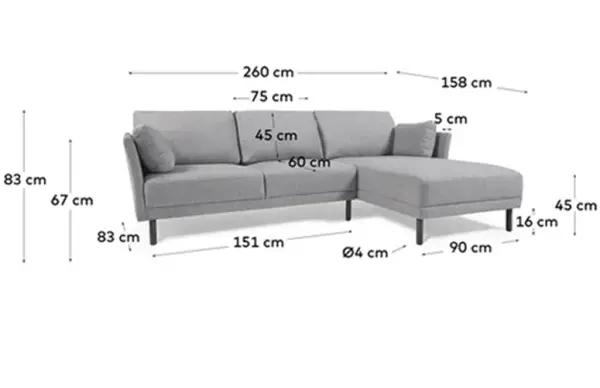 Sofá Gilma chaise loungue derecho gris 260 cms