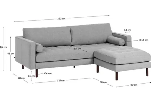 Sofá Debra chaise loungue gris claro 222 cms