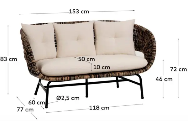 Sofá Lin dos plazas mimbre ratán 153 cms