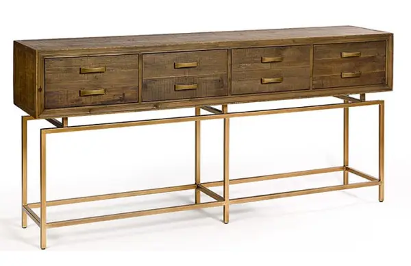 Consola madera reciclada de pino y metal dorado
