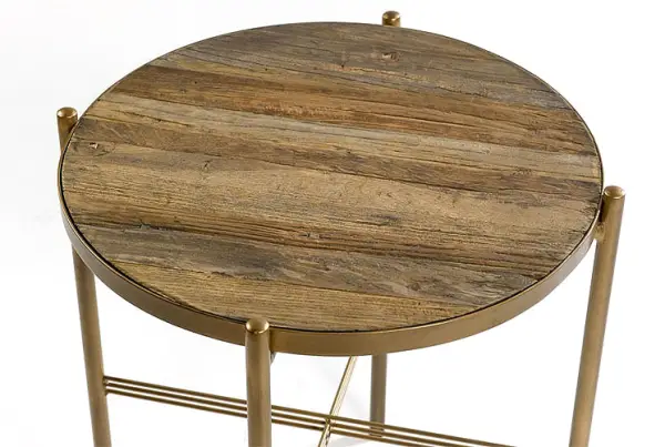 Mesa auxiliar redonda dorada y madera olmo