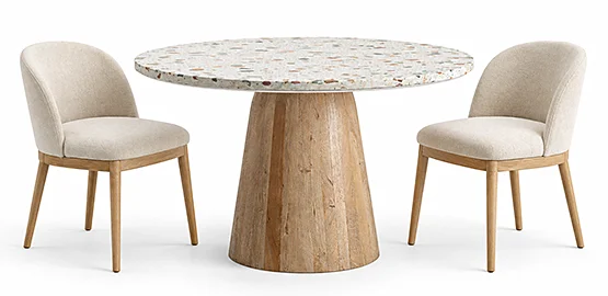 Mesa de comedor Lautrec de madera de mango y tapa de terrazo blanco