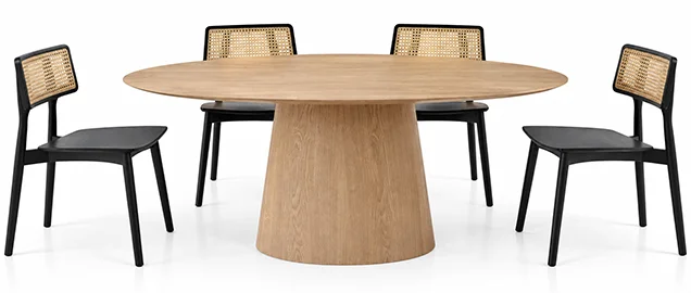 Mesa de comedor oval natural de fresno con pie central
