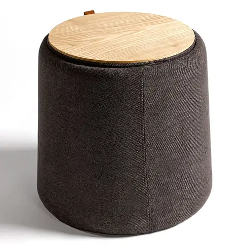 Puf tapizado gris y madera natural