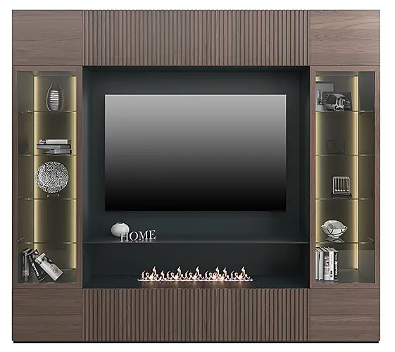 Mural de salón para tv con chimenea eléctrica y vitrina