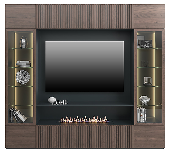 Mueble de salón para tv con chimenea eléctrica y vitrina Avalon