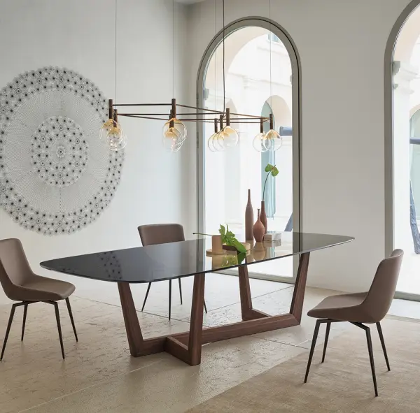Mesa de comedor esquinas redondeadas cristal y madera Art Bonaldo