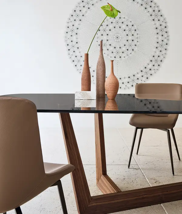 Mesa de comedor esquinas redondeadas cristal y madera Art Bonaldo
