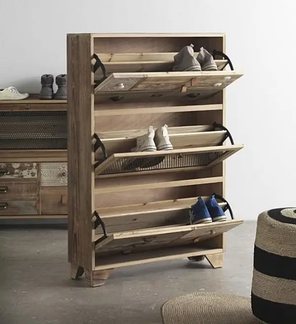 Zapatero 3 puertas en madera natural con rejilla metalica