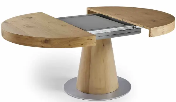 Mesa de comedor redonda extensible roble anudado base metal